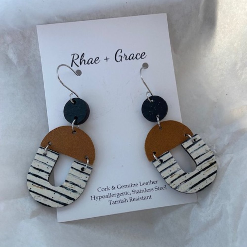 Rhae & Grace Black & White Stripes and Brown Earrings